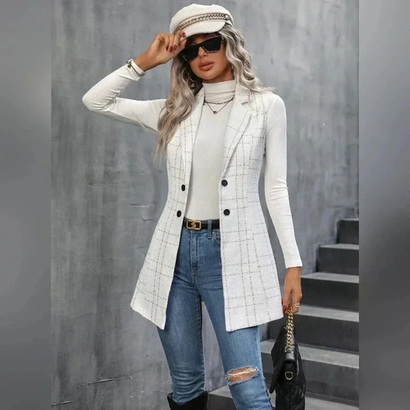 Plaid Pattern Lapel Neck Vest Coat - Picture 2 of 5